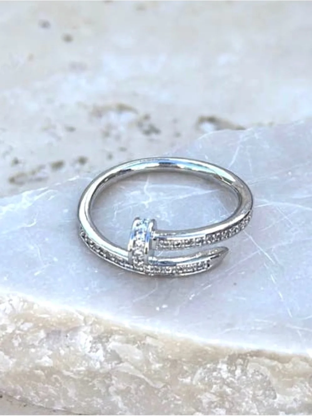 Brass Silver Tone Plate Cubic Zirconia Pave Nail Bypass Ring